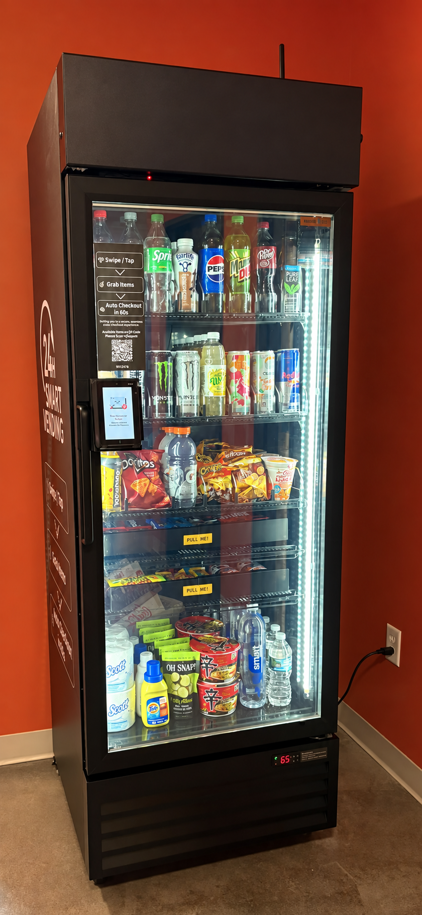 Black smart cooler stocked with drinks, snacks, and essentials; top header shown without branding