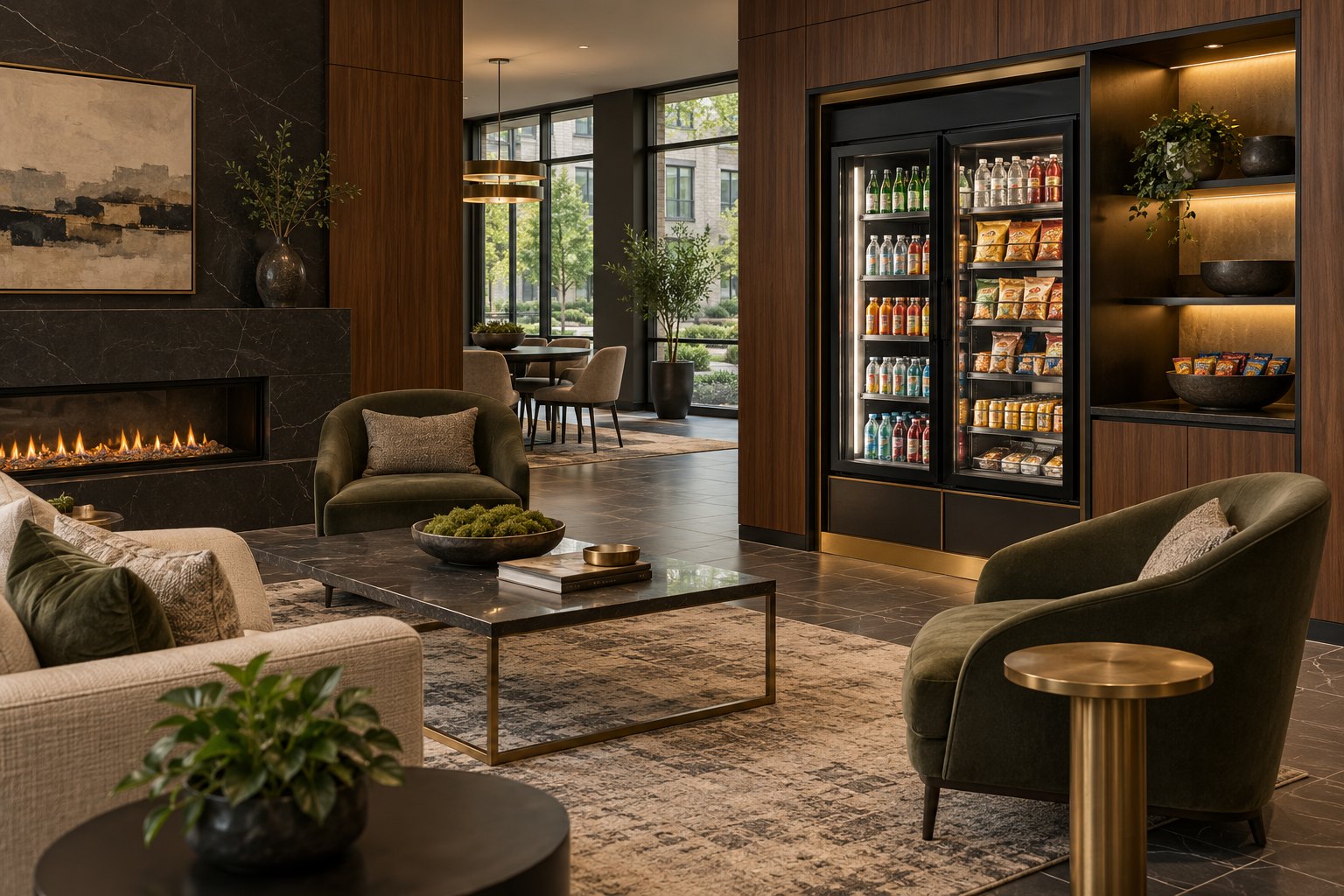 Concept rendering of a self-service retail cabinet in an apartment resident lounge